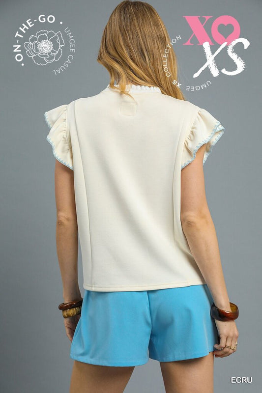 Detailed in Blue Flutter Slv Top