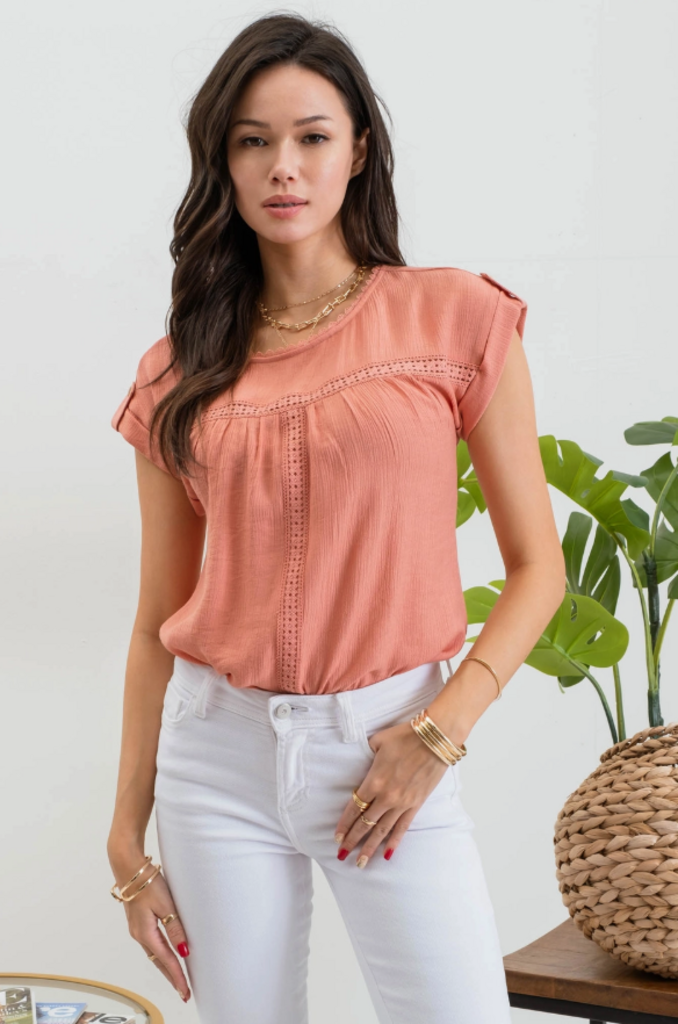 lace trim roll tab sleeve blouse