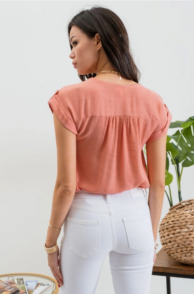 lace trim roll tab sleeve blouse