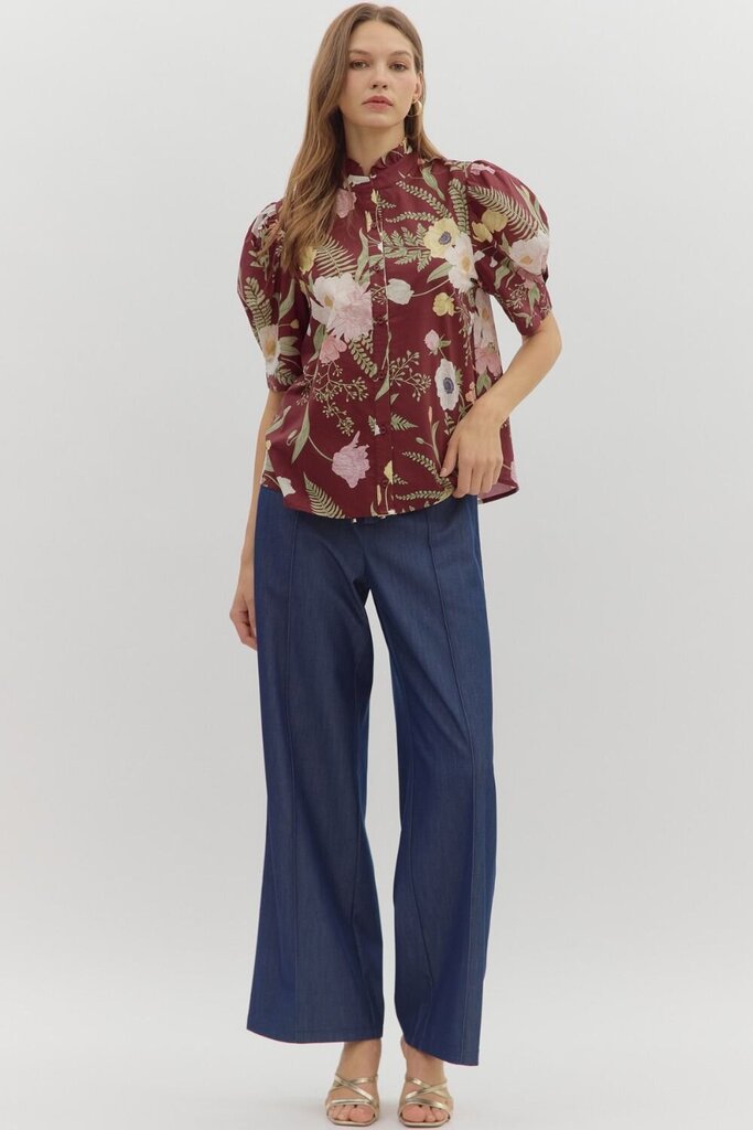Button Down Floral Merlot Blouse