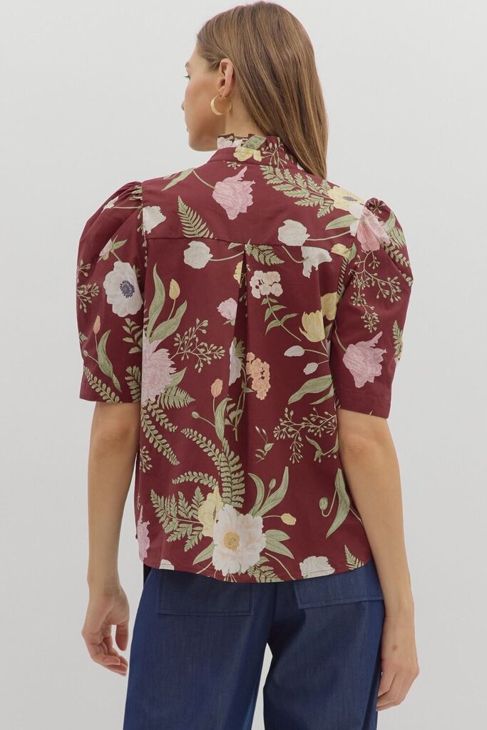 Button Down Floral Merlot Blouse