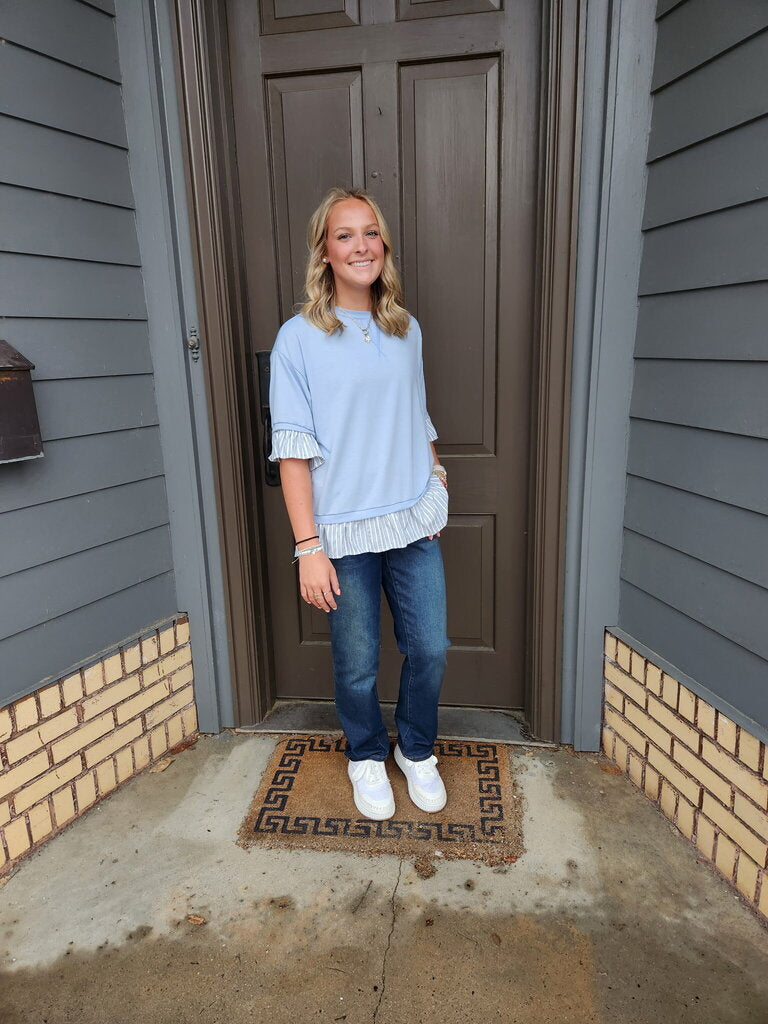 Light Blue Contrast Ruffle Top