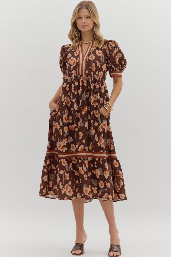 Floral SS Accent Tiered Middi Dress