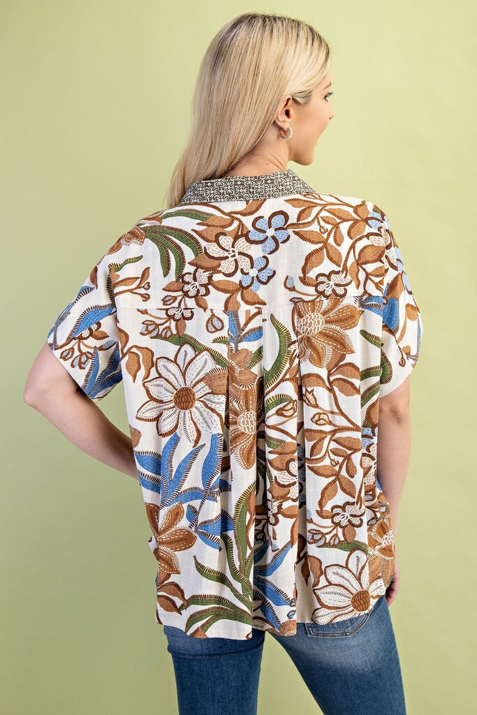 Mixed Print Button Down Blouse