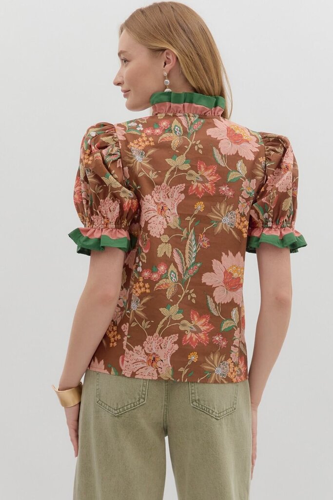 Floral Puff Slv. Top w/Accent Ruffle