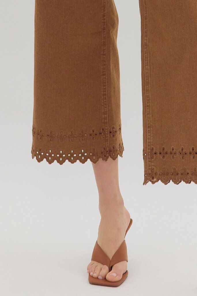 High Waist Ankle Length Eyelet Pants (Brown)