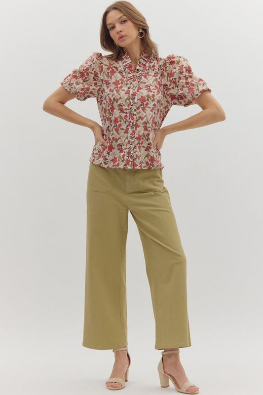 Floral Bubble Sleeve V-Neck Top