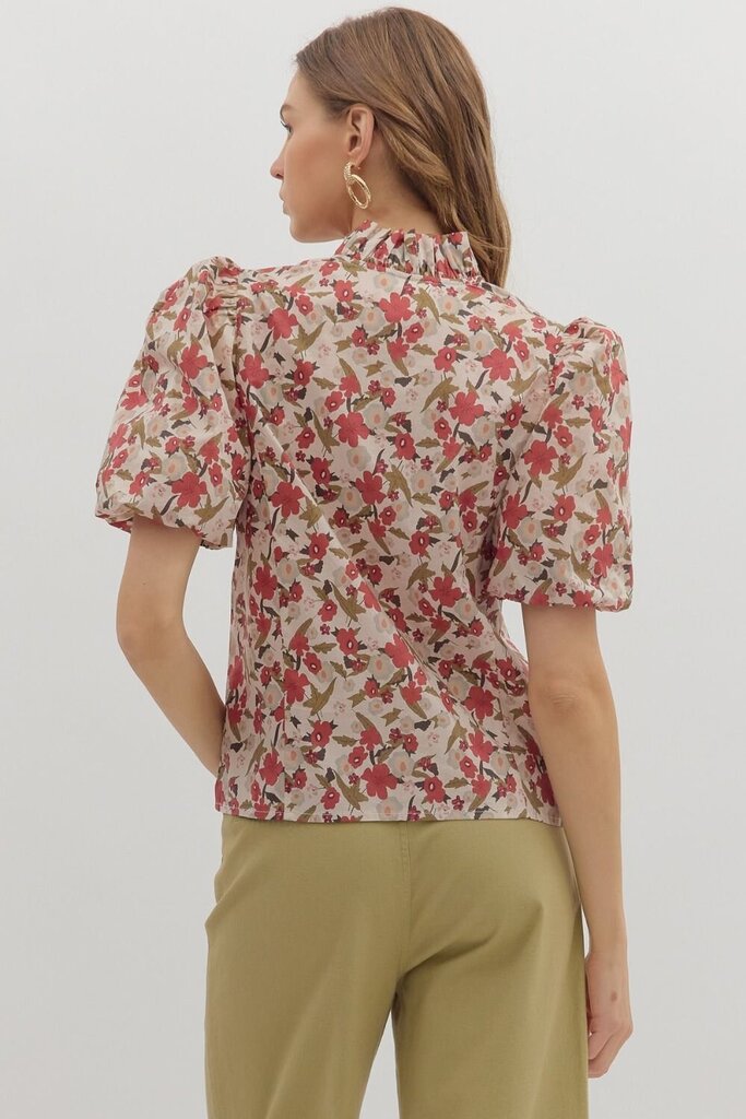 Floral Bubble Sleeve V-Neck Top