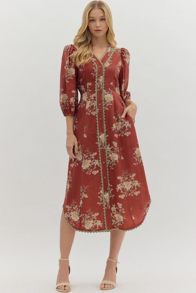 Scallop Trim Floral Middi Dress