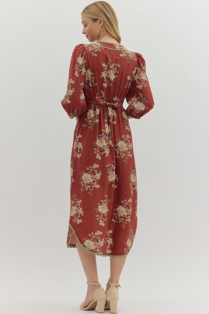 Scallop Trim Floral Middi Dress