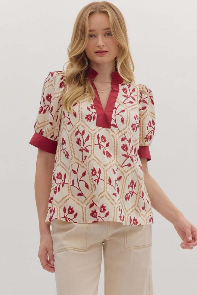 Embroidered Print V-Neck Top