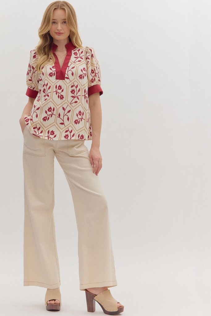Embroidered Print V-Neck Top