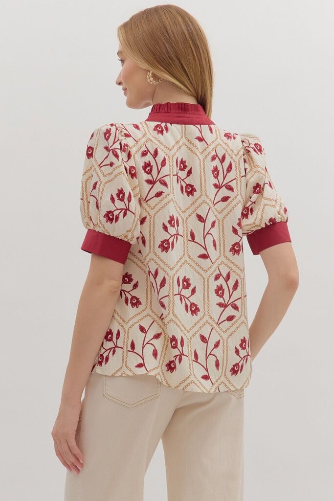 Embroidered Print V-Neck Top
