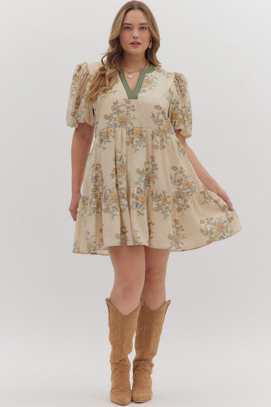 Floral Ecru Mini Dress w/ Puff Slv.