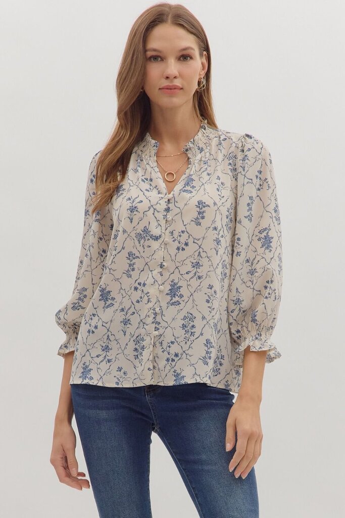 Floral Ruffled-Neck Button Down Blouse