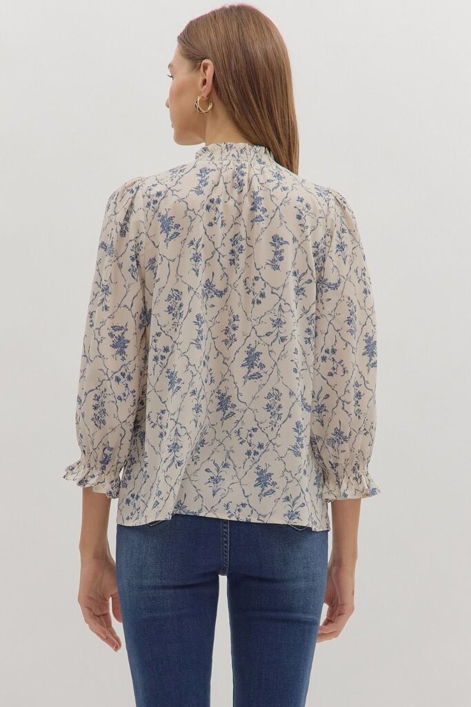 Floral Ruffled-Neck Button Down Blouse