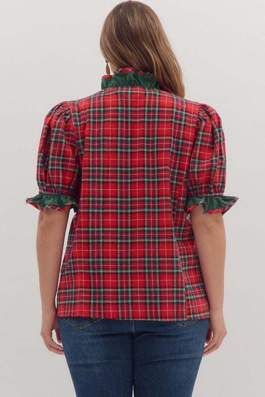 Plaid Puff Sleeve Ruffle Trim Top