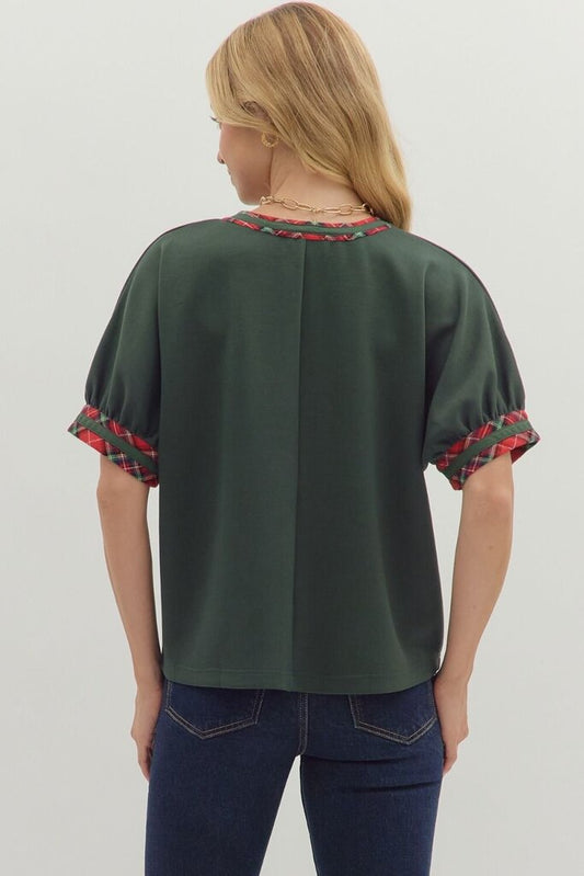 V-Neck, Plaid Trim Knit Top