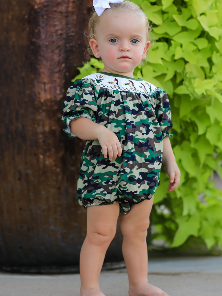 Camo Duck Smocked embroidered duck girl's romper