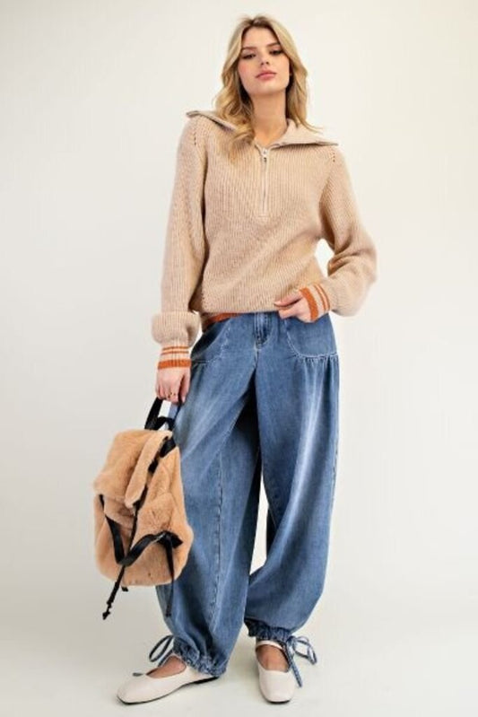 Khaki Sweater top with orange trim