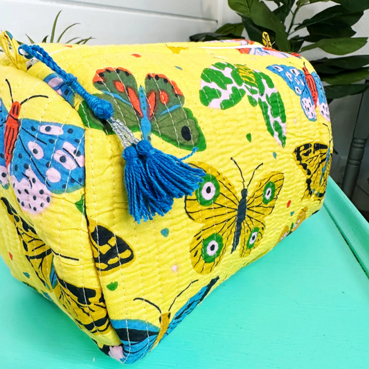 Yellow Butterfly Quilted Handmade Cosmetic Toiletry Bag