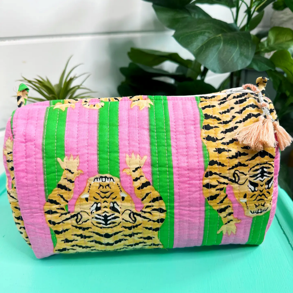 Green/Pink Tigers Handmade quilted Cosmetic Toiletry Bag