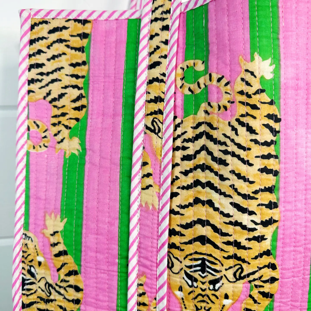 Green/Pink Tigers Handmade quilted Large Travel Tote Bag