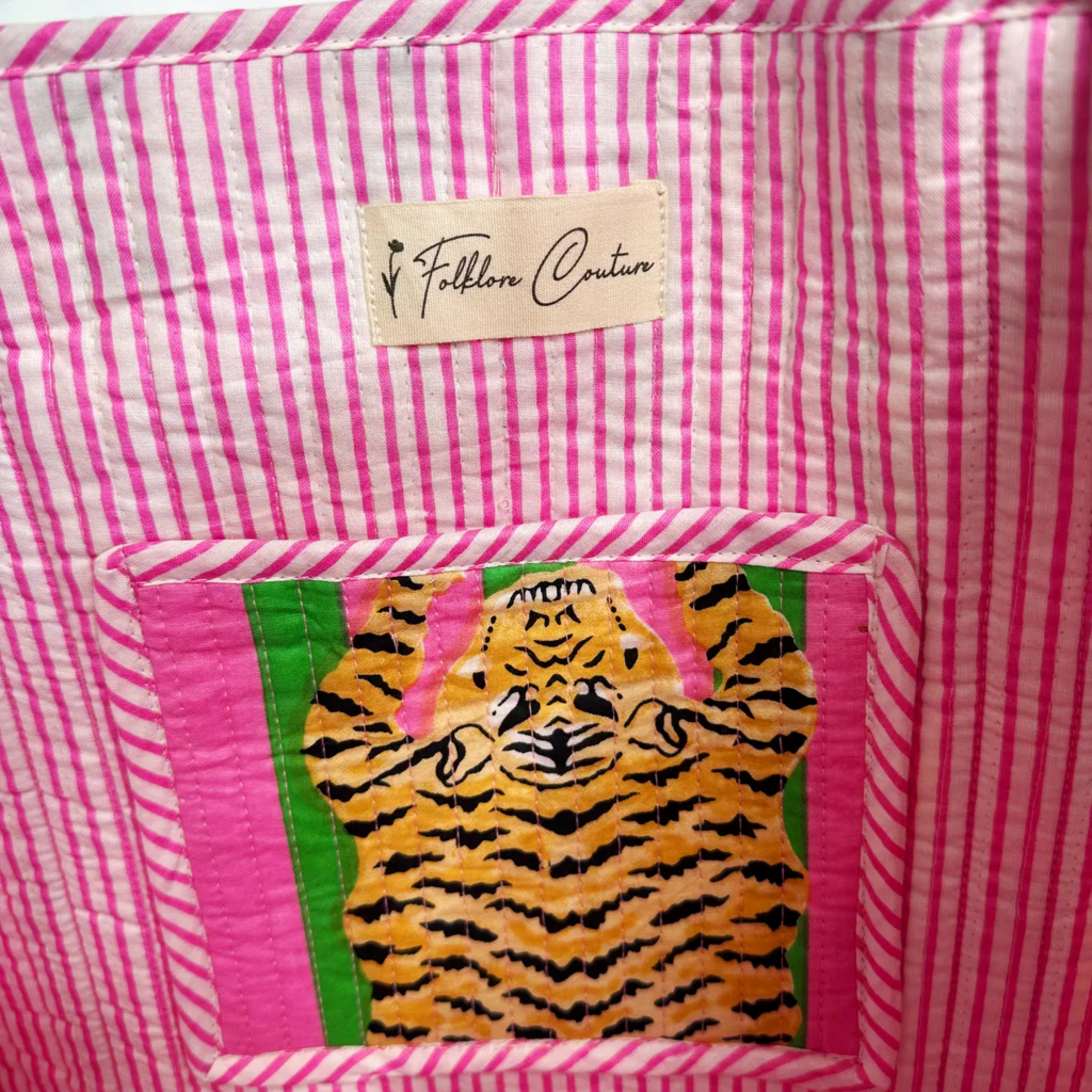 Green/Pink Tigers Handmade quilted Large Travel Tote Bag
