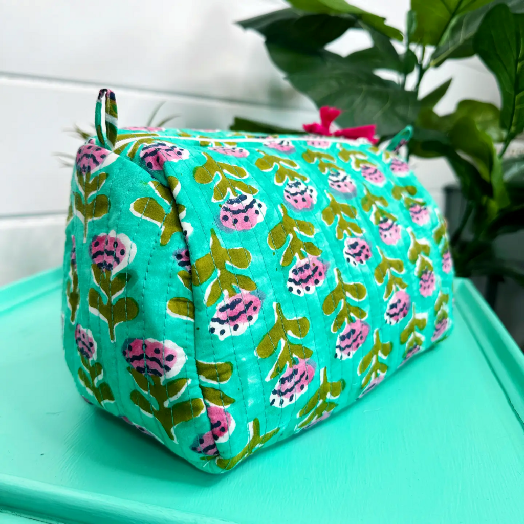 Aqua Floral Print Cosmetic Handmade quilted travel bag