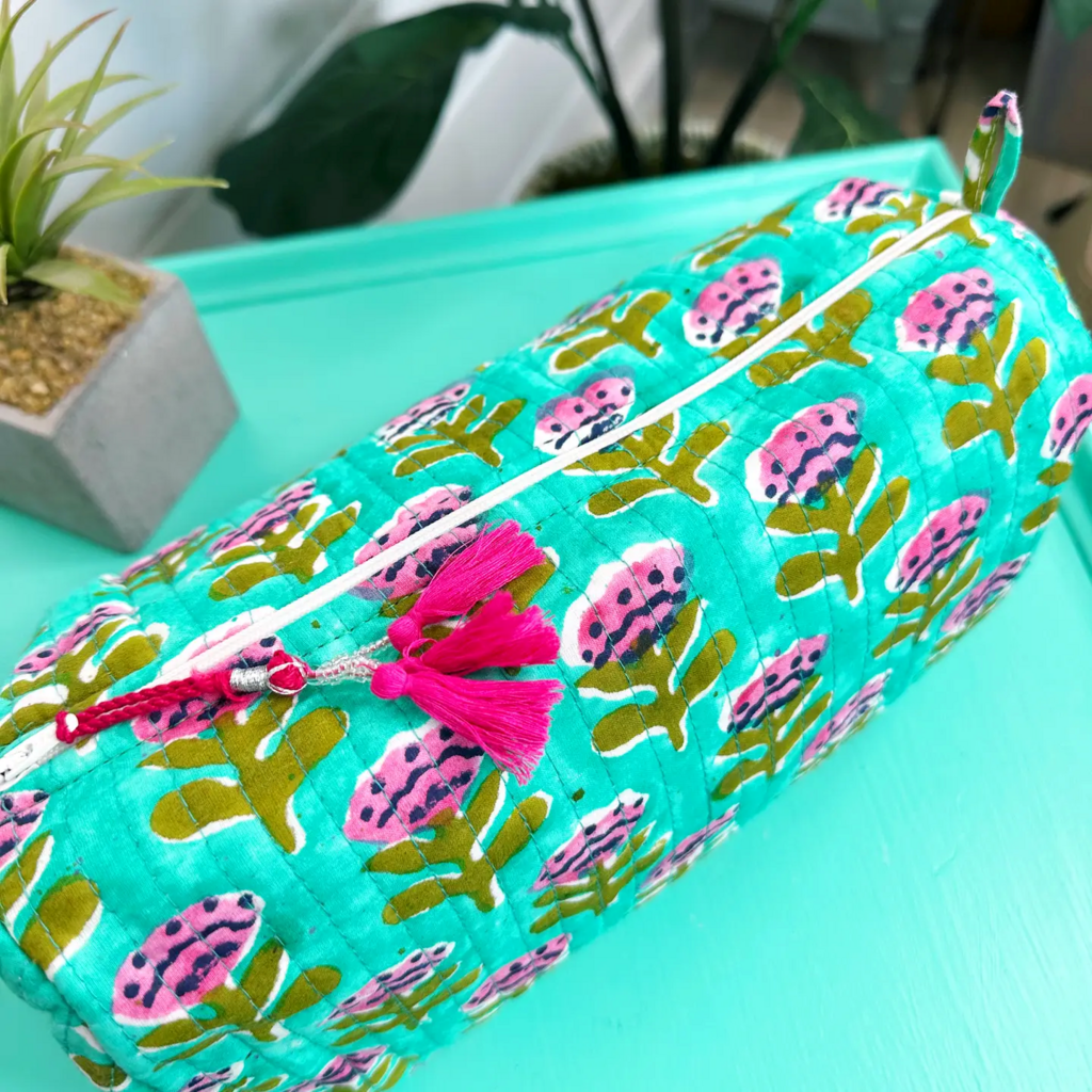 Aqua Floral Print Cosmetic Handmade quilted travel bag