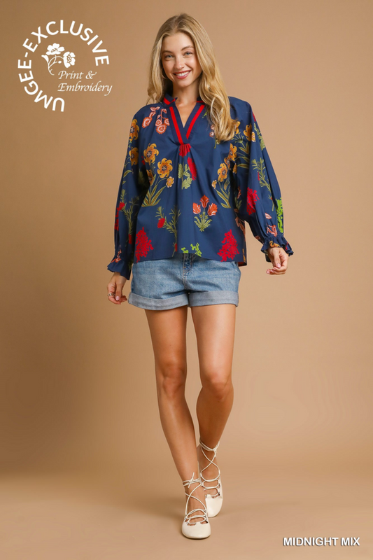 Floral V-Neck Open Collar Top