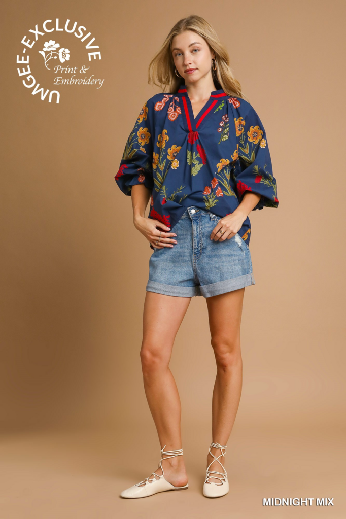 Floral V-Neck Open Collar Top