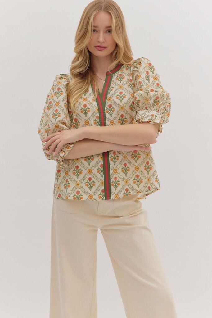 Botanical Print 3/4 Sleeve Top