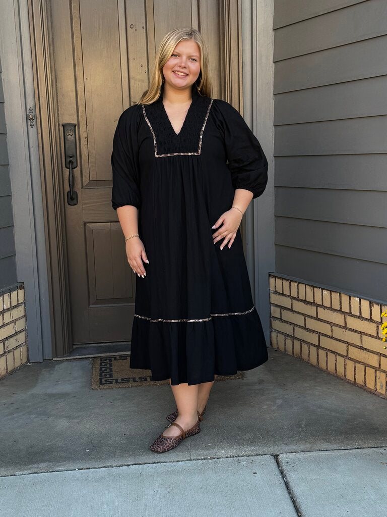 Collared Midi Dress with Leopard Trim