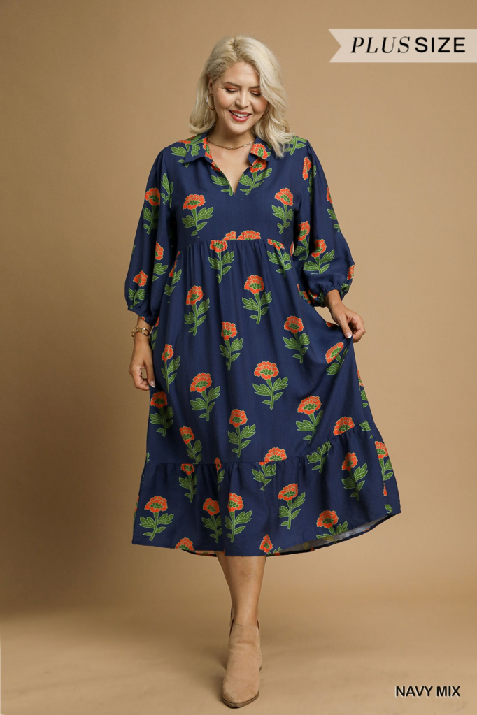 Navy & Orange Floral Midi Dress