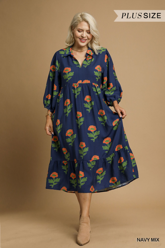 Navy & Orange Floral Midi Dress