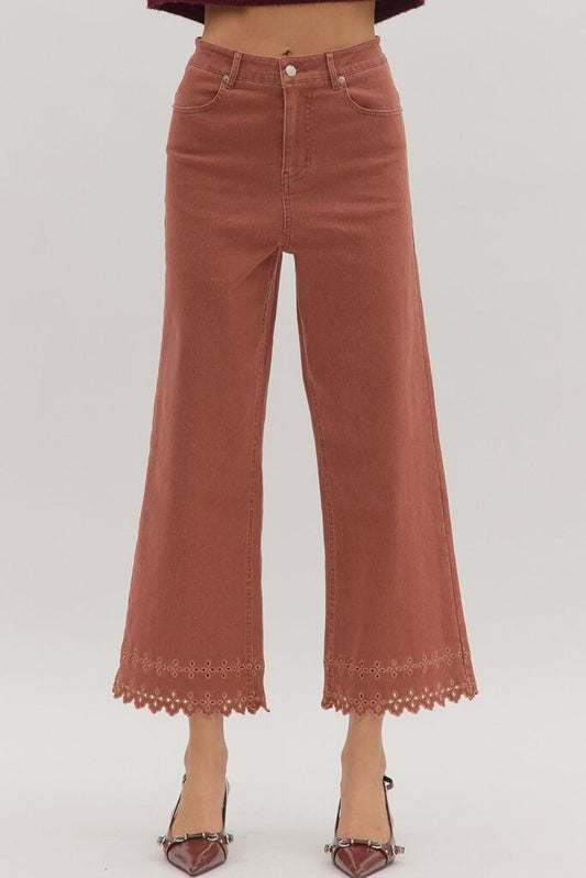 High Waist Embroidered Hem Ankle Pant