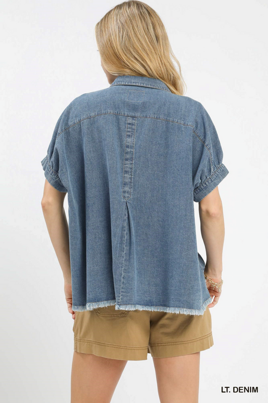 Light Denim Button Down with Raw Edge