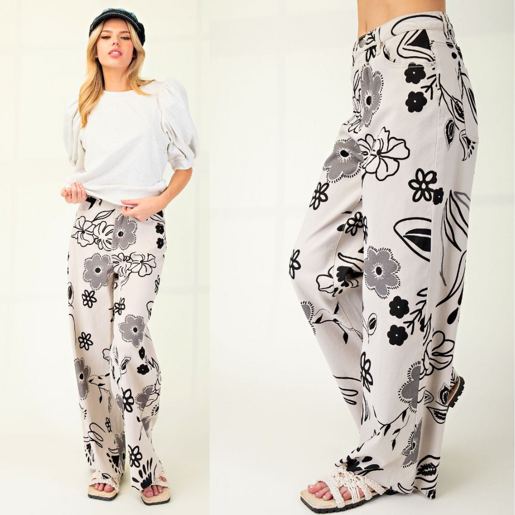 Printed Twill Wide Leg Pants