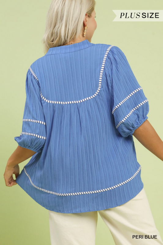 Blue V-Neck Crinkle Top