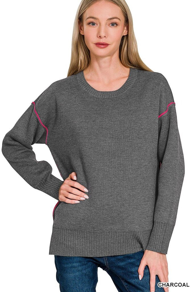 Round Neck Contrast Trim Sweater