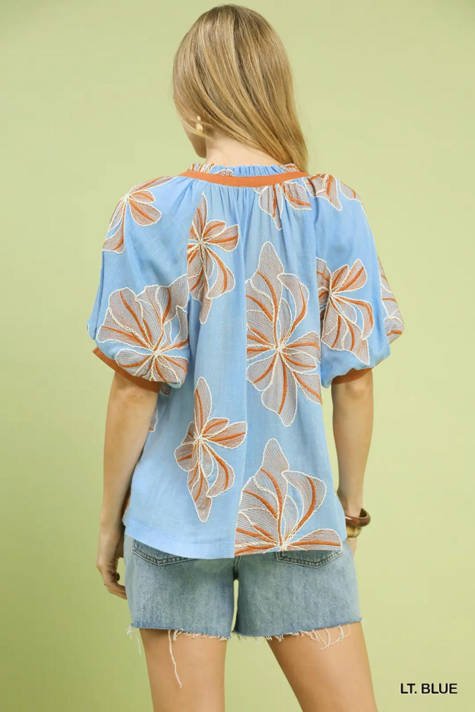 Light Blue flower Embroidered V-Neck Blouse