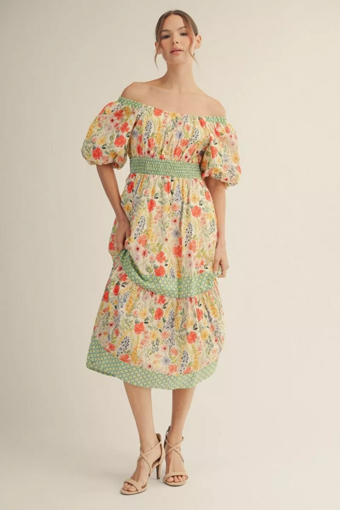 Multi Floral Puff Sleeve Midi Dress