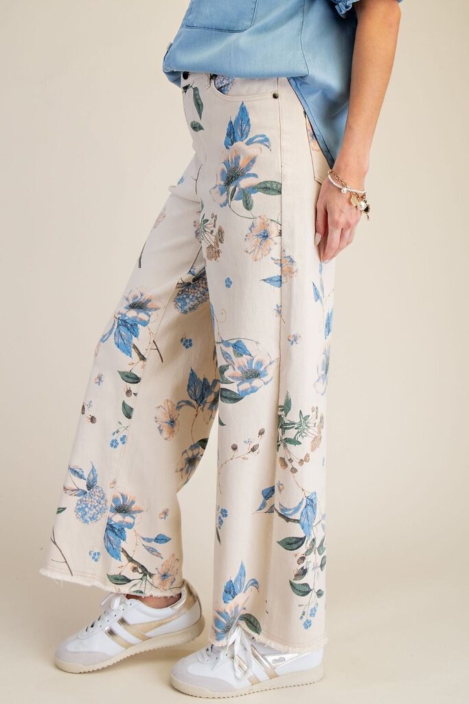 Ecru Flower Print Soft Stretch Twill