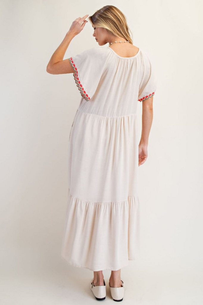Winged Sleeve Embroidered Midi Dress