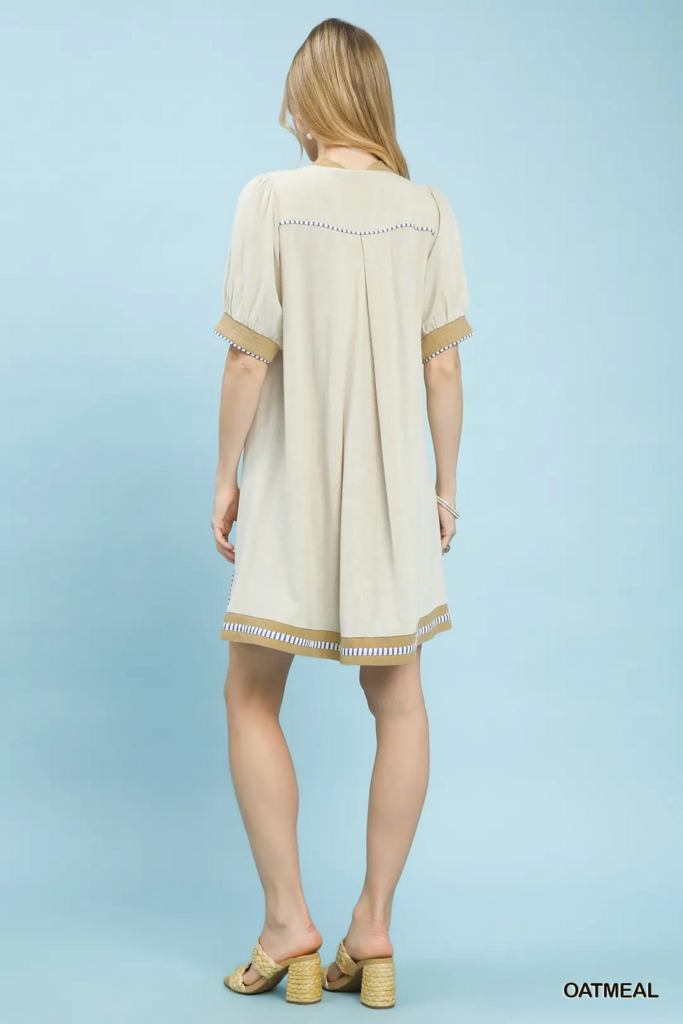 Linen Contrast Trim Midi Dress
