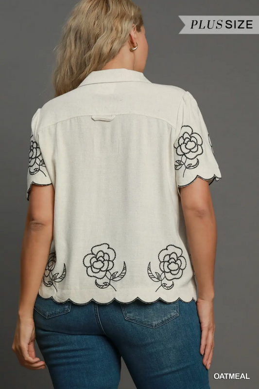 Linen Floral Embroidered Button-Up