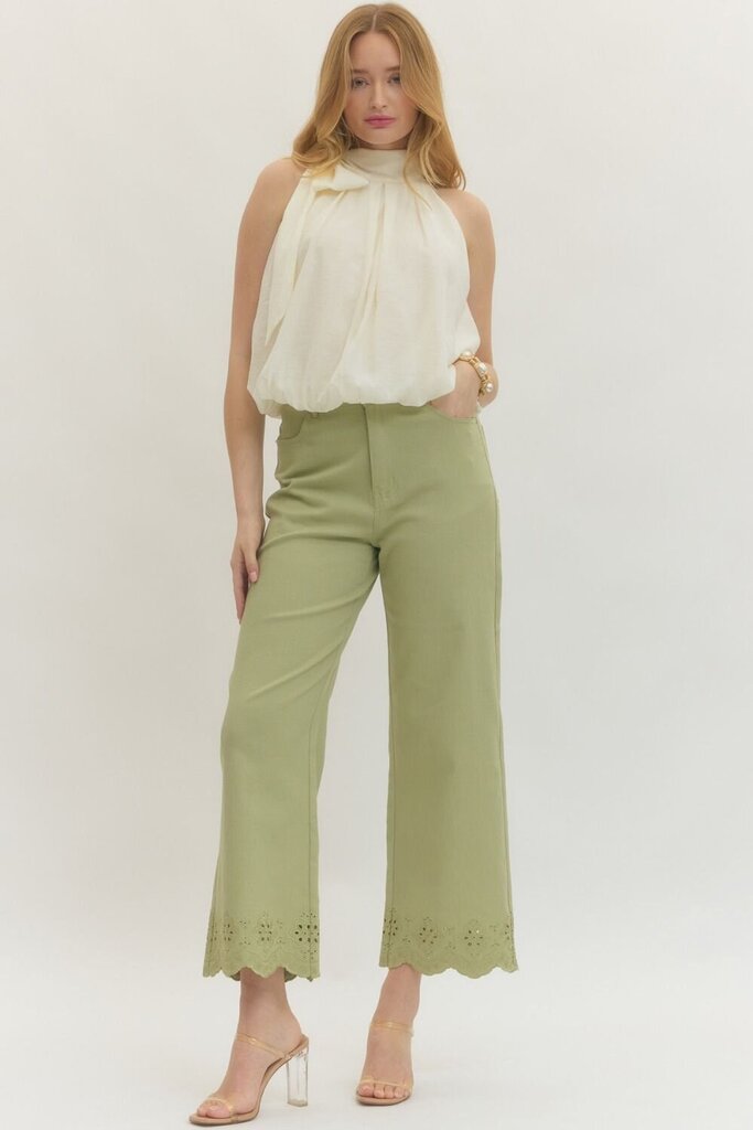 Matcha Ankle Pant with Scalloped Eyelet Trim