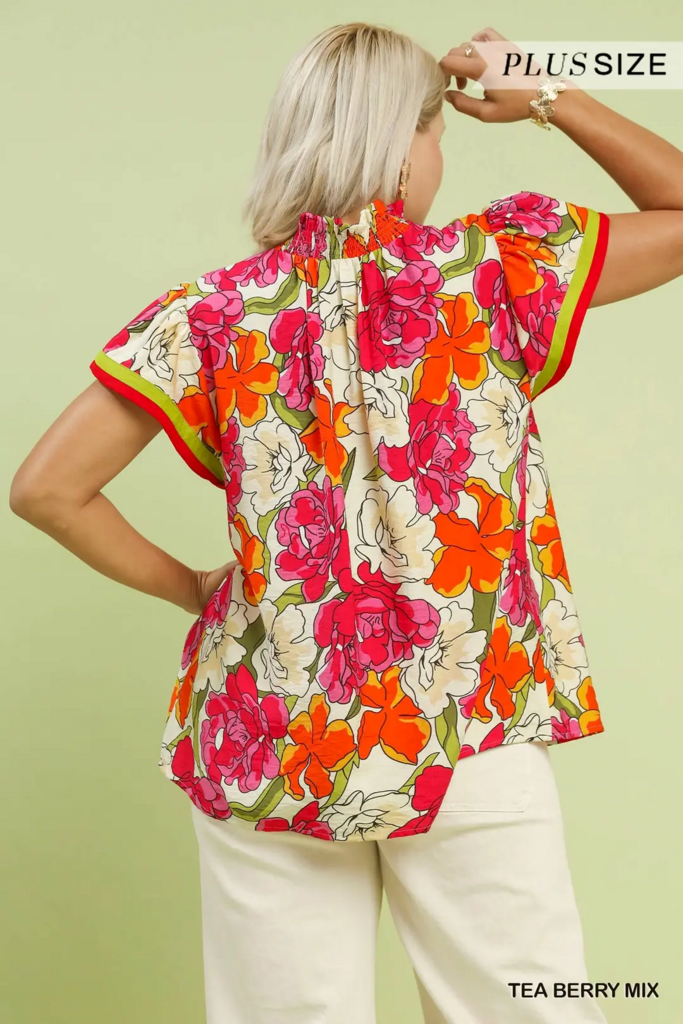 Contrast V-Necked Smocked Collar Flutter Sleeve Top