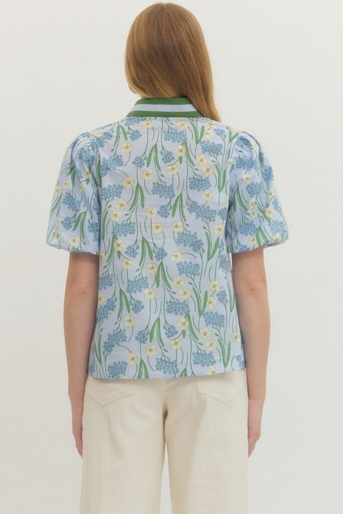 Blue Spring Floral V-Neck Top with Contrast Trim